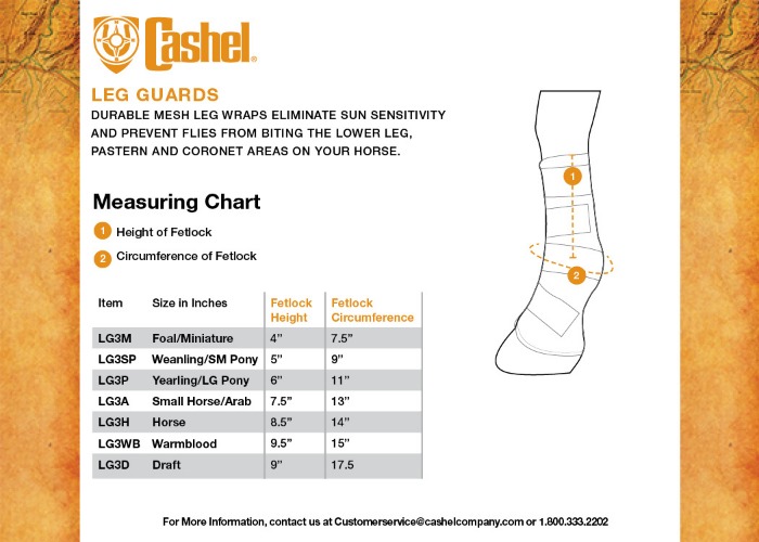 Sizing Chart for Cashel Fly Leg Guards