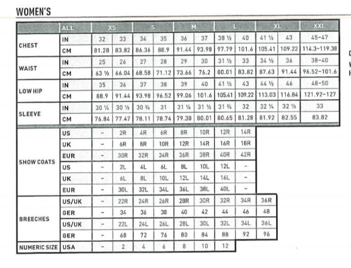 Sizing Chart for Ariat Eos Full Seat Tight