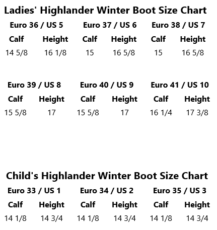 Sizing Chart for Ovation Highlander Winter Tall Boot