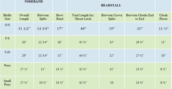 Sizing Chart for Black Oak Larkspur Dressage Bridle