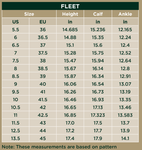 Sizing Chart for Dublin Fleet Fleece Lined Winter Boot