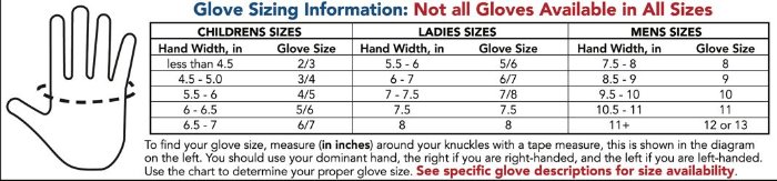 Sizing Chart for SSG Soft Touch Kids Glove