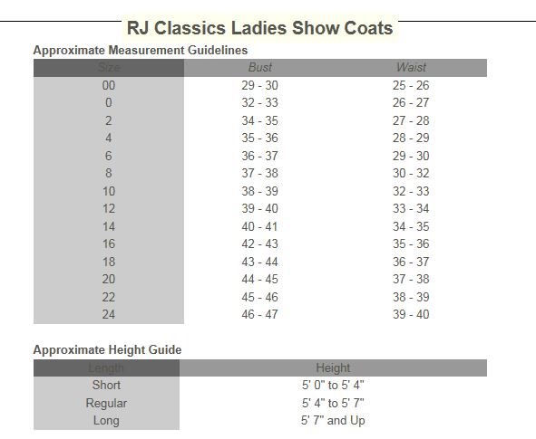 Sizing Chart for RJ Classics Marley Grey Label Show Coat - Clearance!