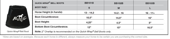 Sizing Chart for Professional's Choice All Purpose Bell Boots With Fleece
