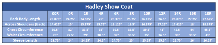 Sizing Chart for Hadley Performance Show Coat