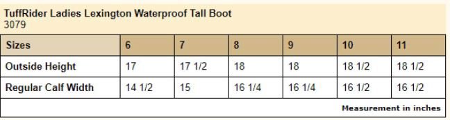 Sizing Chart for TuffRider Ladies Lexington Waterproof Tall Country Boots 