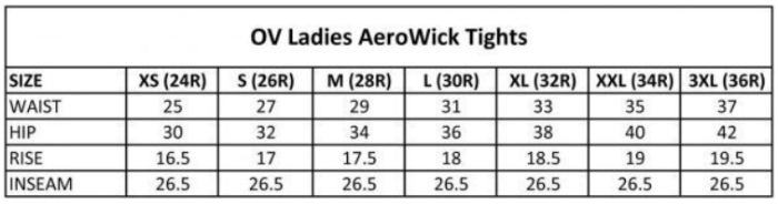 Sizing Chart for Ovation Aerowick Full Seat Tight