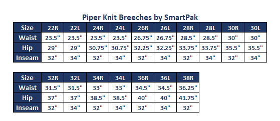 Sizing Chart for Piper Knit Low-Rise Breeches by SmartPak - Knee Patch - Clearance!