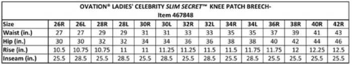 Sizing Chart for Ovation Ladies Celebrity Slim Secret Classic Knee Patch Breech