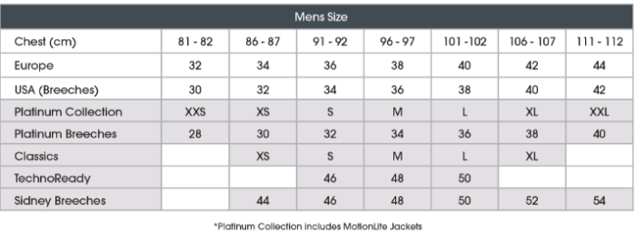 Sizing Chart for AA Mens MotionLite Show Coat