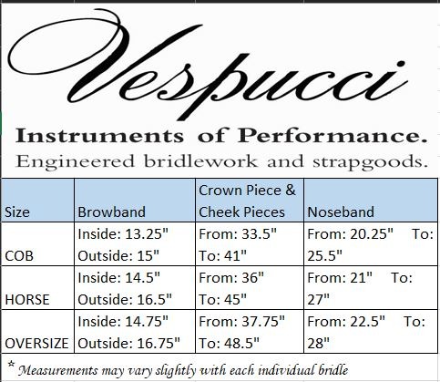 Sizing Chart for Vespucci Fancy Raised Hunter Bridle