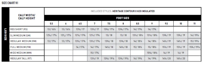 Sizing Chart for Ariat Heritage Contour II H2O Insulated