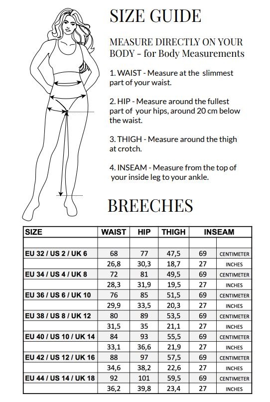 Sizing Chart for PS of Sweden Paris Full Seat Breeches