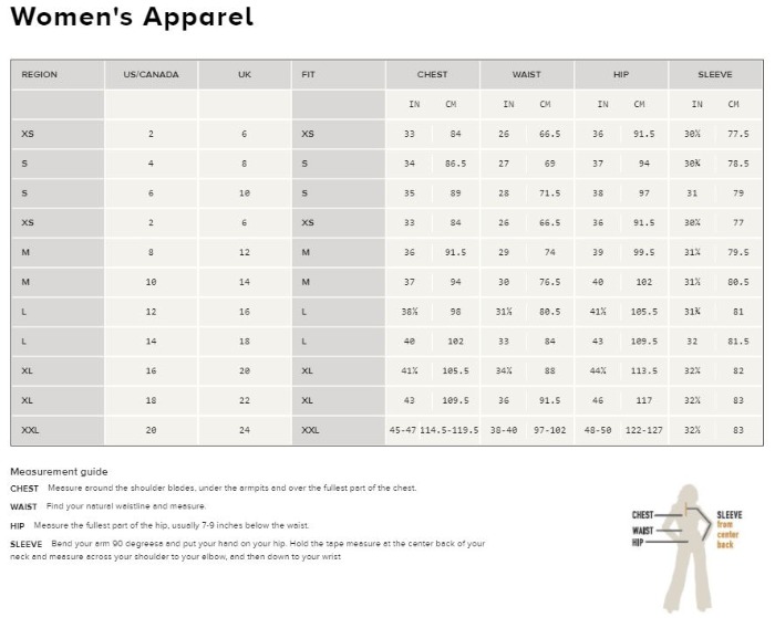 Sizing Chart for Ariat Women's R.E.A.L. Grizzly Jacket