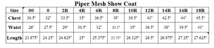 Sizing Chart for Piper Mesh Show Coat