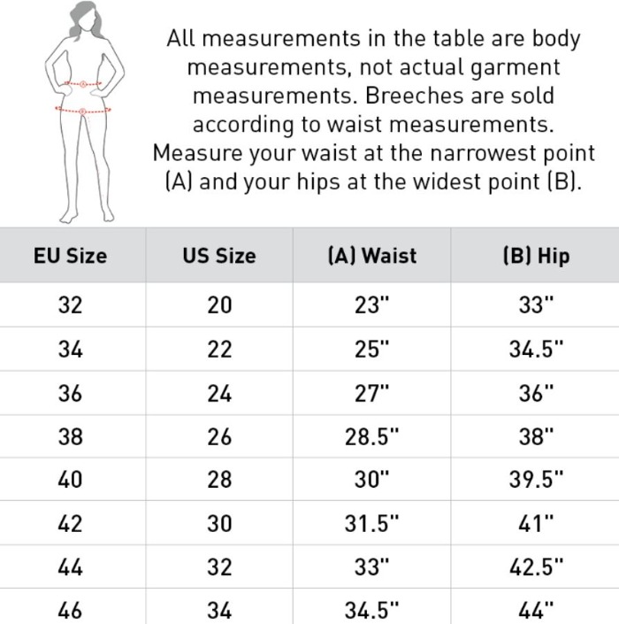 Sizing Chart for Horze Nordic Performance Silicone Full Seat Breeches