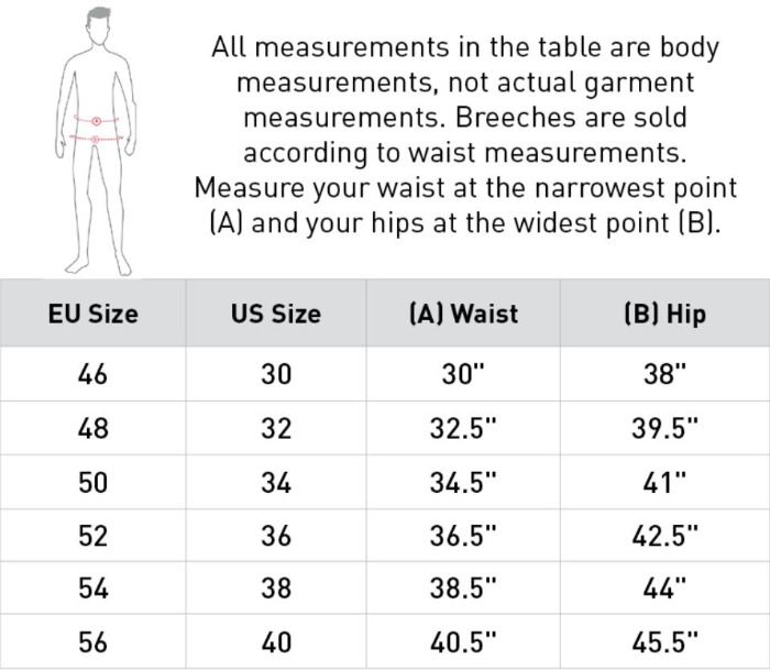Sizing Chart for Horze Men's Grand Prix Silicone Knee Patch Breeches