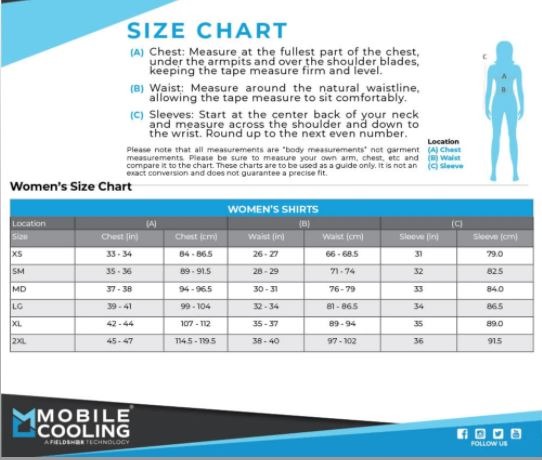 Sizing Chart for Mobile Cooling T-Shirt