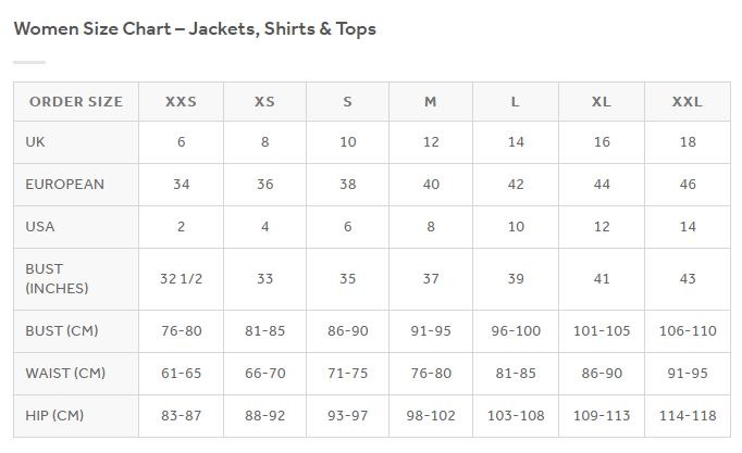 Sizing Chart for Horseware H2O Sporty Women's Jacket