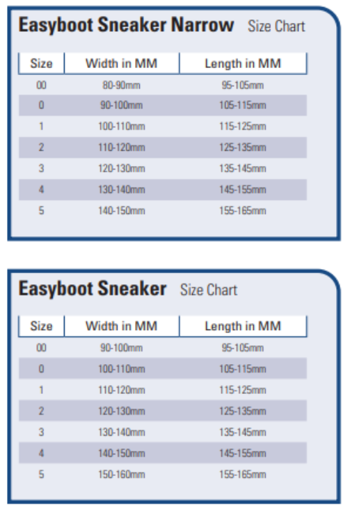Sizing Chart for Easyboot Sneaker