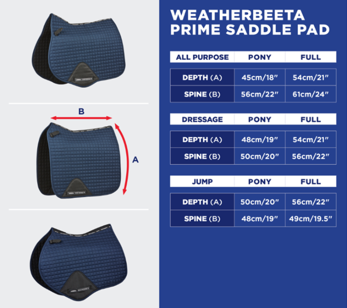 Sizing Chart for Weatherbeeta Prime Ombre Dressage Pad