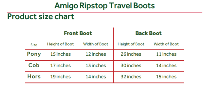Sizing Chart for Amigo&reg; Ripstop Travel Boots