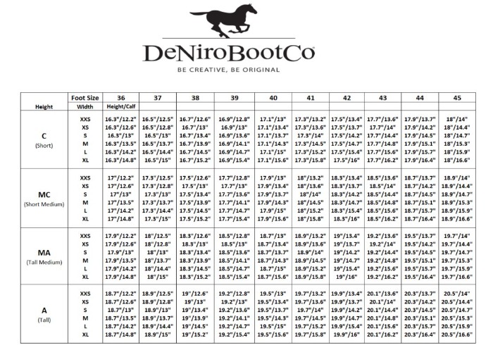 Sizing Chart for Tricolore by DeNiroBootCo Salice Tall Field Boot