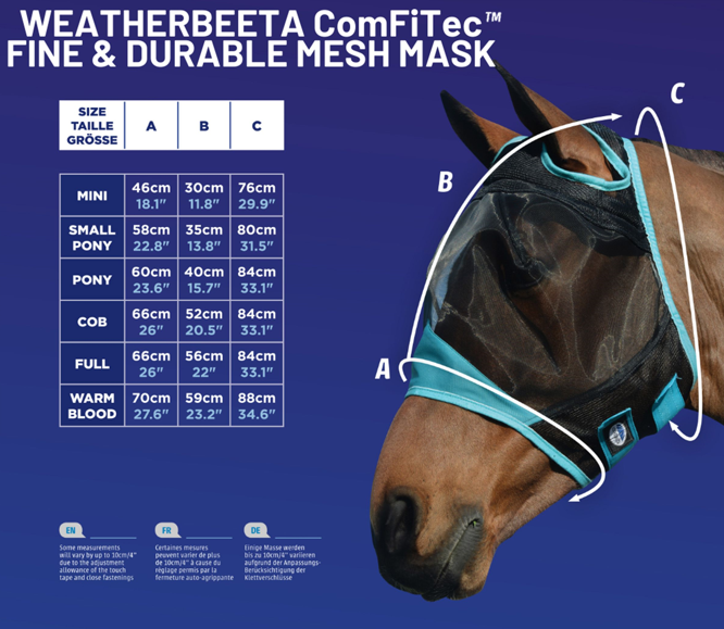Sizing Chart for WeatherBeeta ComFiTec Deluxe Fine Mesh Fly Mask with Ears