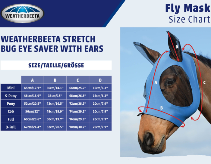 Sizing Chart for WeatherBeeta Deluxe Stretch Bug Eye Saver with Ears