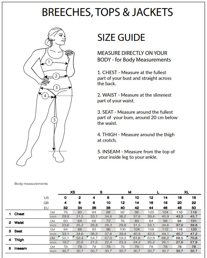 Sizing Chart for PS of Sweden Candice Grip Full Seat Breeches