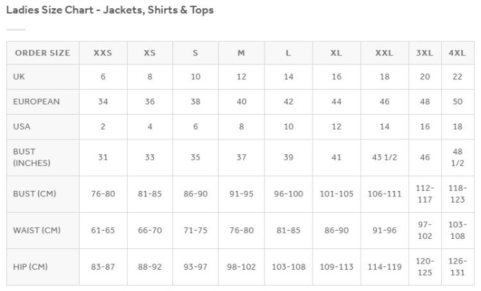Sizing Chart for Horseware Duratech Waterproof Riding Jacket
