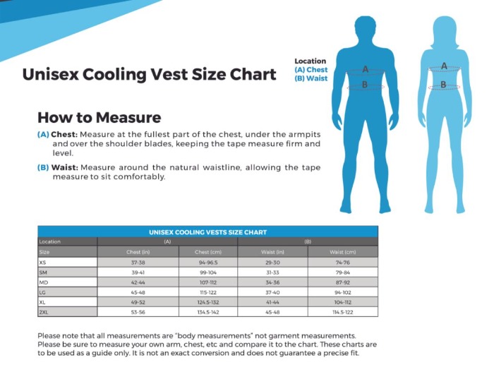 Sizing Chart for Mobile Cooling HydroLogic&reg; Vest