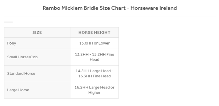 Sizing Chart for Rambo&reg; Micklem&reg; Competition Bridle