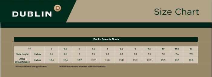 Sizing Chart for Dublin Queenie Boots