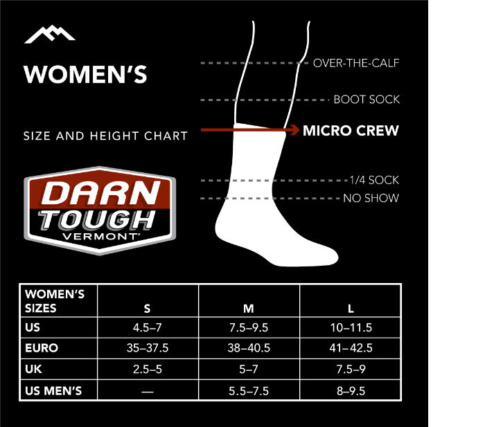 Sizing Chart for Darn Tough Micro Crew Cushion Socks