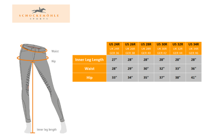 Sizing Chart for Schockemohle Eva II Hunter Silicone Knee Patch Breech