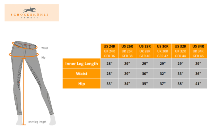 Sizing Chart for Schockemöhle Victory Silicone Grip Full Seat Breech - Clearance!