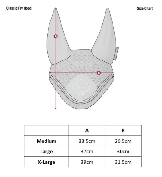 Sizing Chart for LeMieux Classic Fly Hood - Clearance!