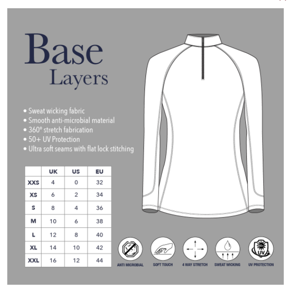 Sizing Chart for LeMieux Long Sleeve Base Layer Sun Shirt