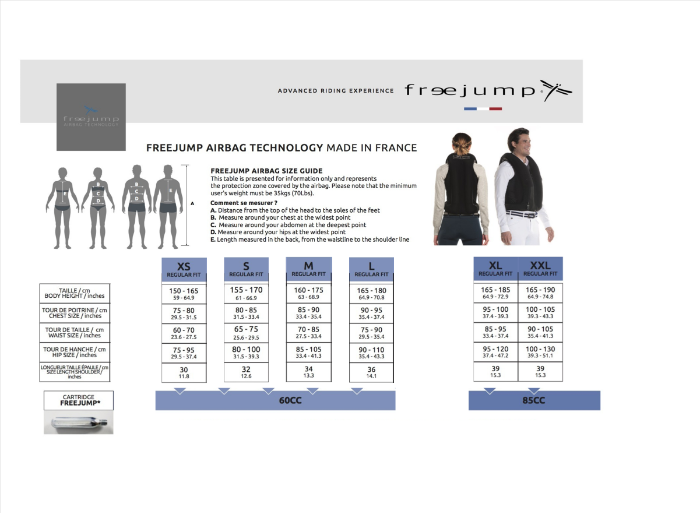 Sizing Chart for Freejump&reg; Airbag Protective Vest
