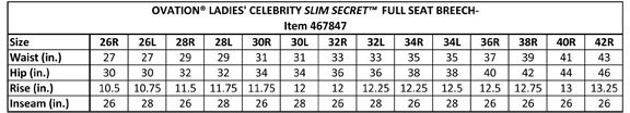 Sizing Chart for Ovation Ladies Celebrity Slim Secret Classic Full Seat Breech