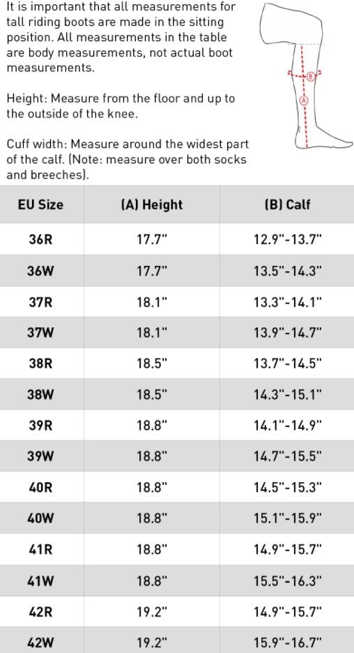 Sizing Chart for Horze Duvall Womens Tall Dress Boots