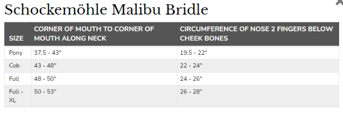Sizing Chart for Schockemoehle Malibu Bridle