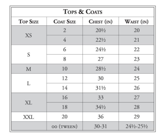 Sizing Chart for RJ Classics Maddie Jr Long Sleeve Show Shirt w/ 37.5 Temperature Regulating Technology