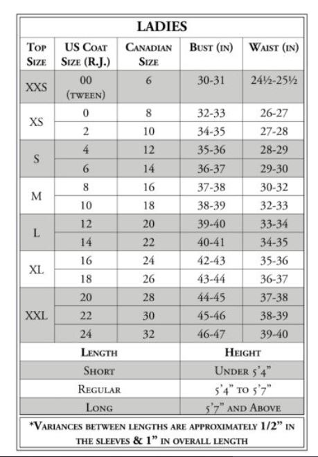 Sizing Chart for RJ Classics Aerial Short Sleeve Show Shirt w/37.5 Temperature Regulating Technology