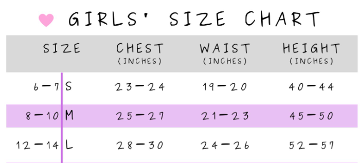 Sizing Chart for Kastel Signature Girls Long Sleeve Sun Shirt