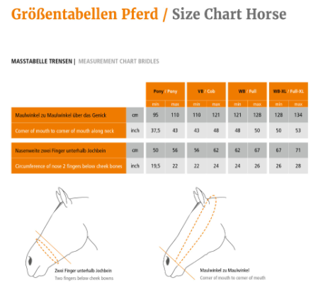 Sizing Chart for Schockemoehle Brantford Bridle