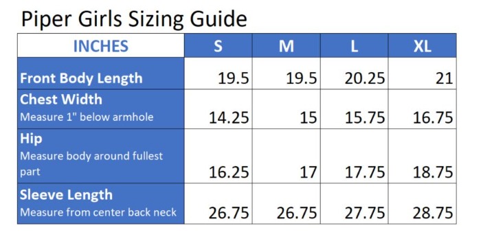 Sizing Chart for Piper Kids Riding Raincoat