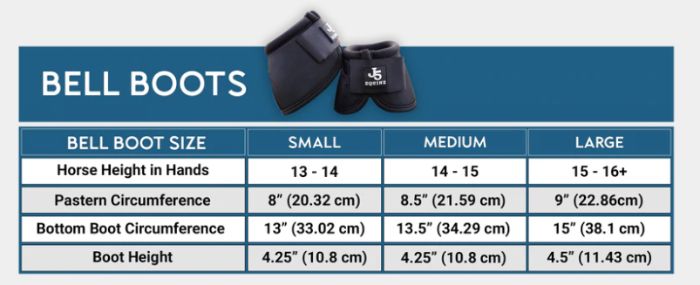 Sizing Chart for J5 Equine Premium Bell Boots
