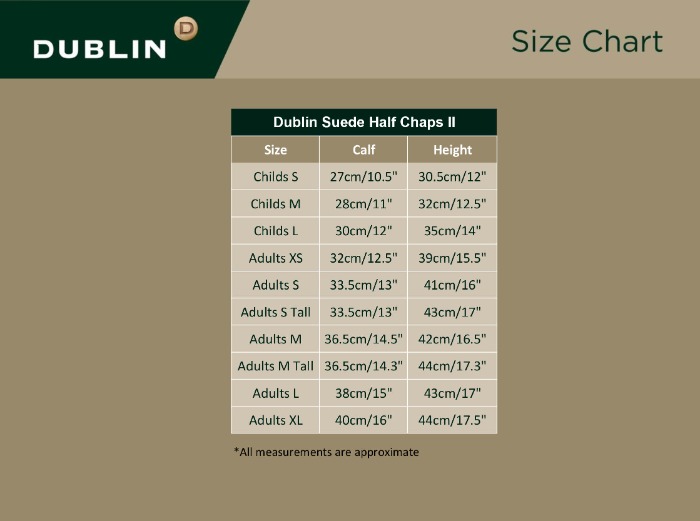 Sizing Chart for Dublin Suede Half Chaps II